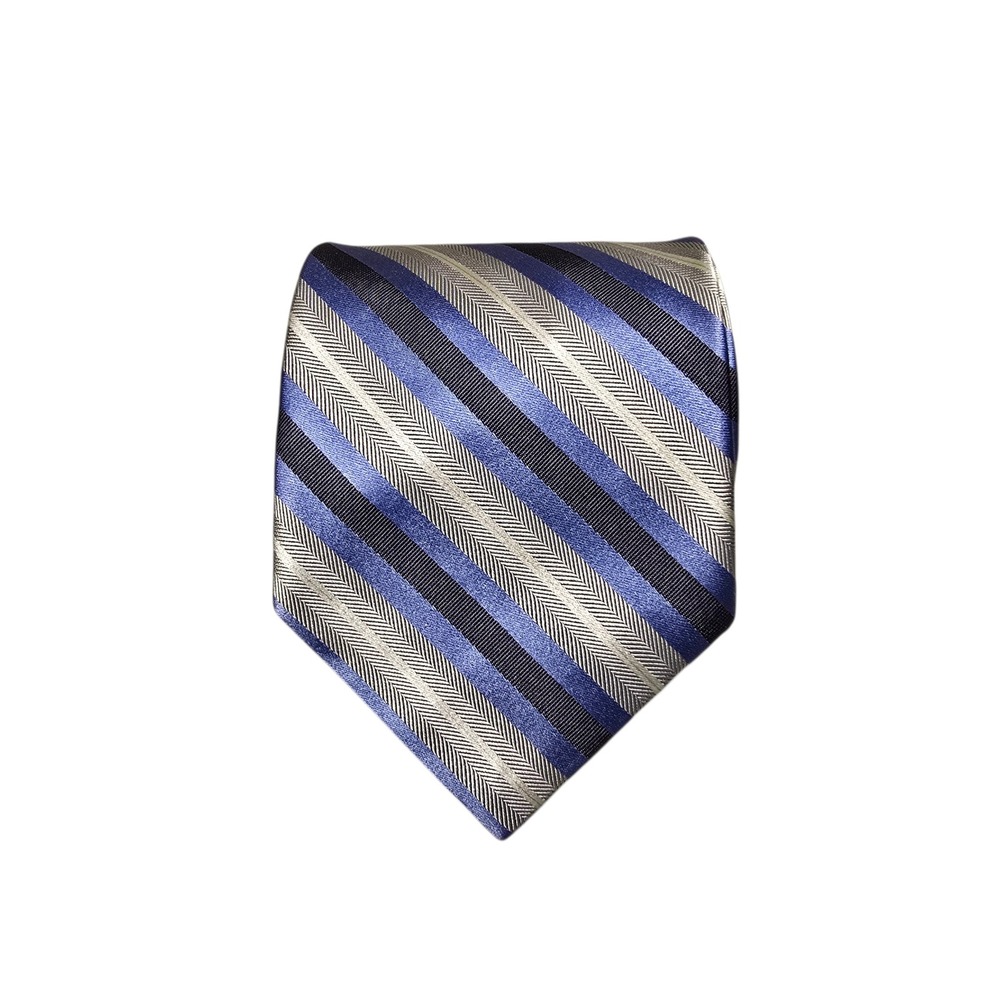 Cremieux Mens Silk Tie Blue Silver Striped Herringbone Hand Made USA Necktie
